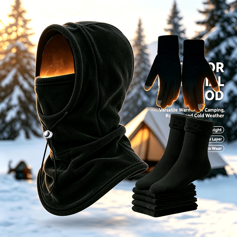 3pcs Winter Hat Hood Scarf Gloves Warm Socks Set