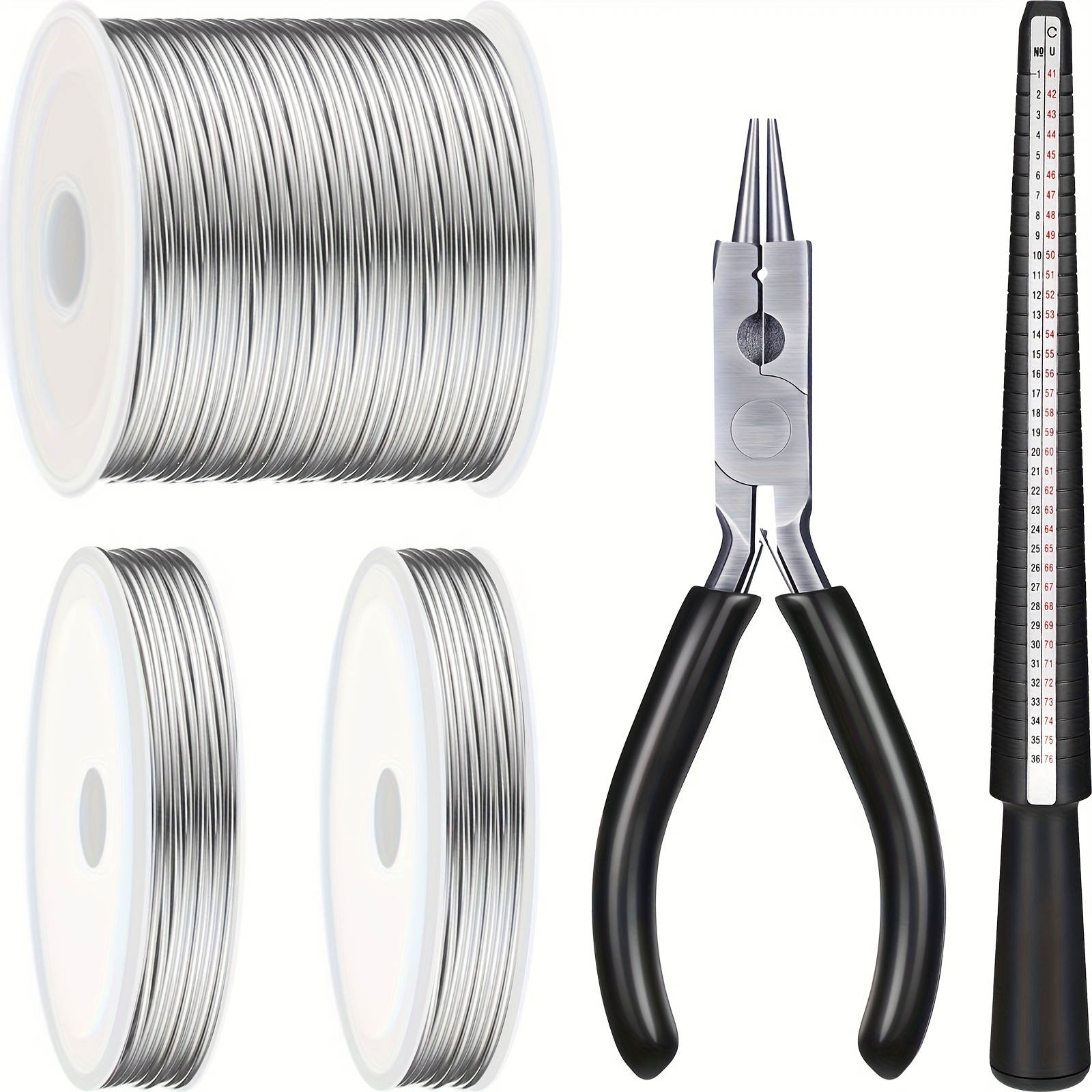 TEMU Jewelry Crafting Wire In Gauges 18, 20, And 22, Complete With Pliers And A Ring Sizer, Includes 3 Rolls Of Aluminum Wire In Silvery, Measuring 1
