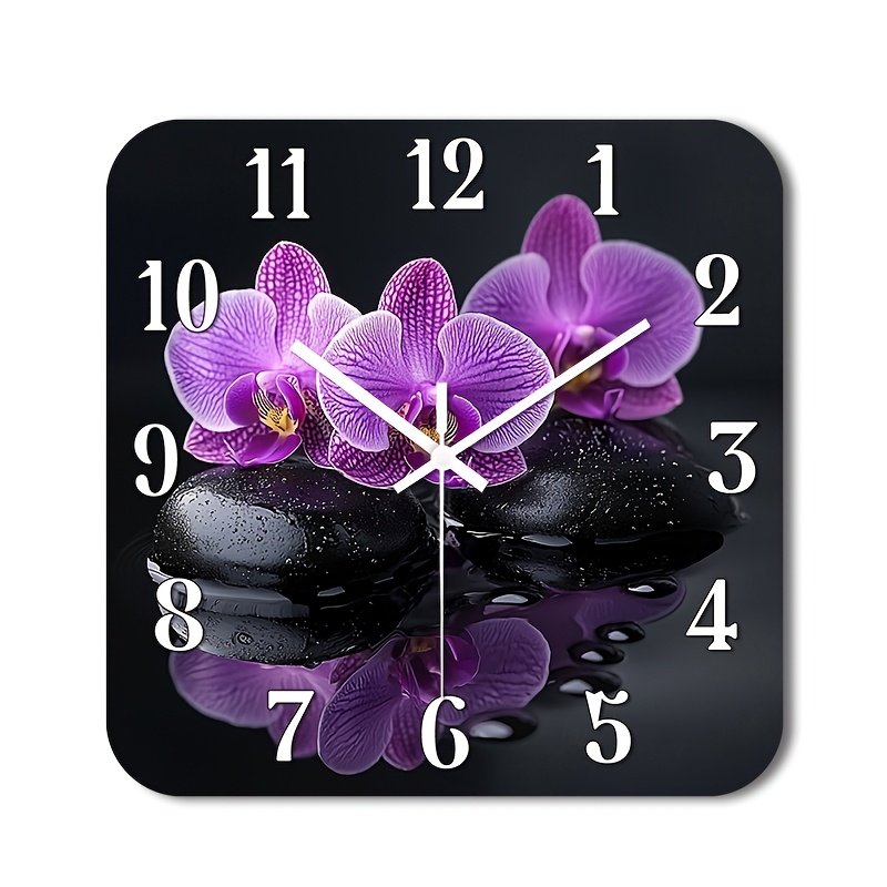 TEMU 1pc Of A Silent Wall Clock That Tick, Featuring A Decorative Square Design With A High-definition Glossy End Showcasing Purple Orchid Flowers On