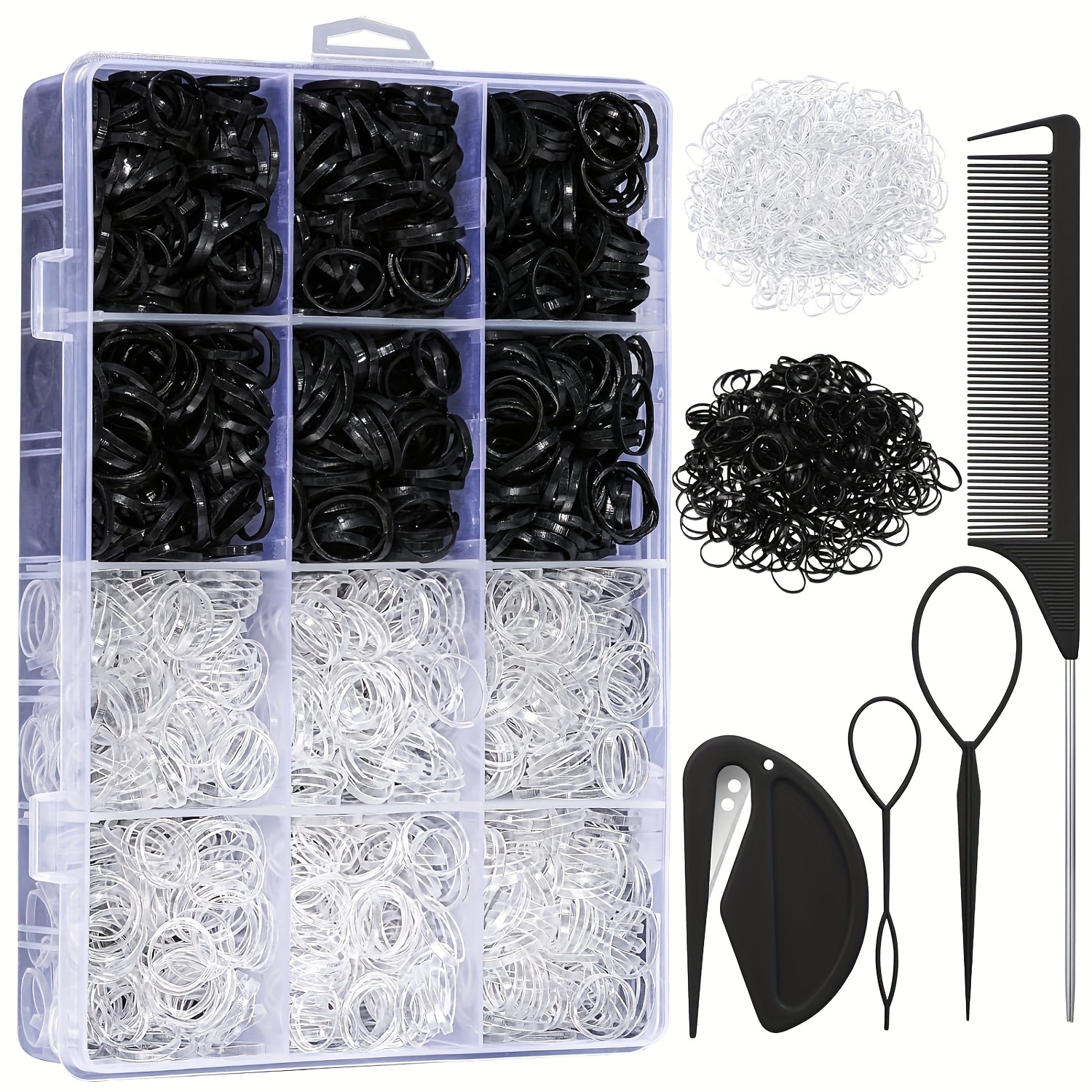 

2200 Pcs Hair Elastics & Ties Set - Plastic Rubber Band Styling Tools With Cutter & Organizer Box - Elegant Cute Solid Color Bands For Women 14+, Includes Clear & Black Mini Hair Bands