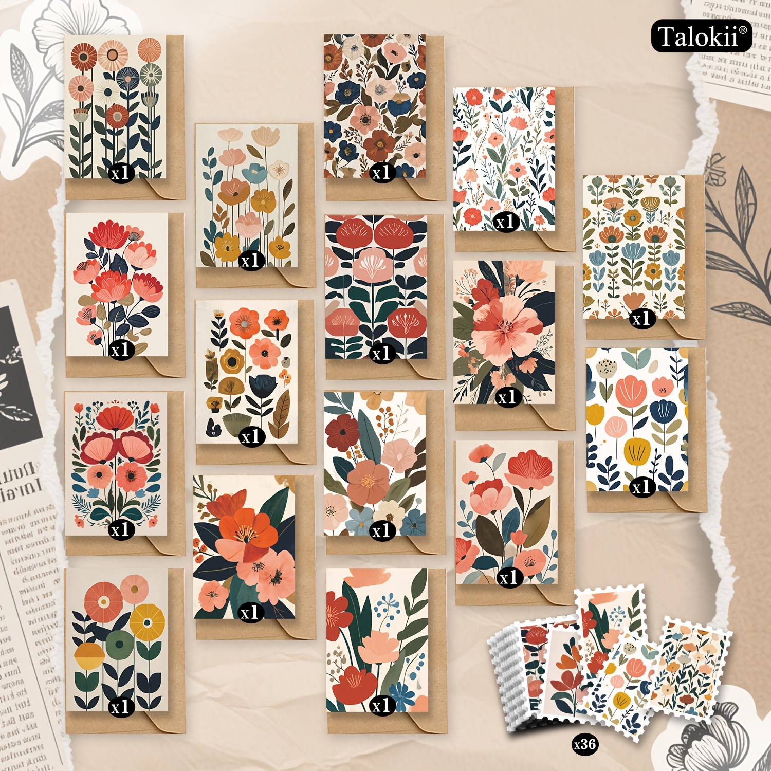 TEMU Lot de 68 cartes postales florales vintage bohèmes avec enveloppes et autocollants, 16 cartes postales + 16 enveloppes + 36 autocollants, cartes