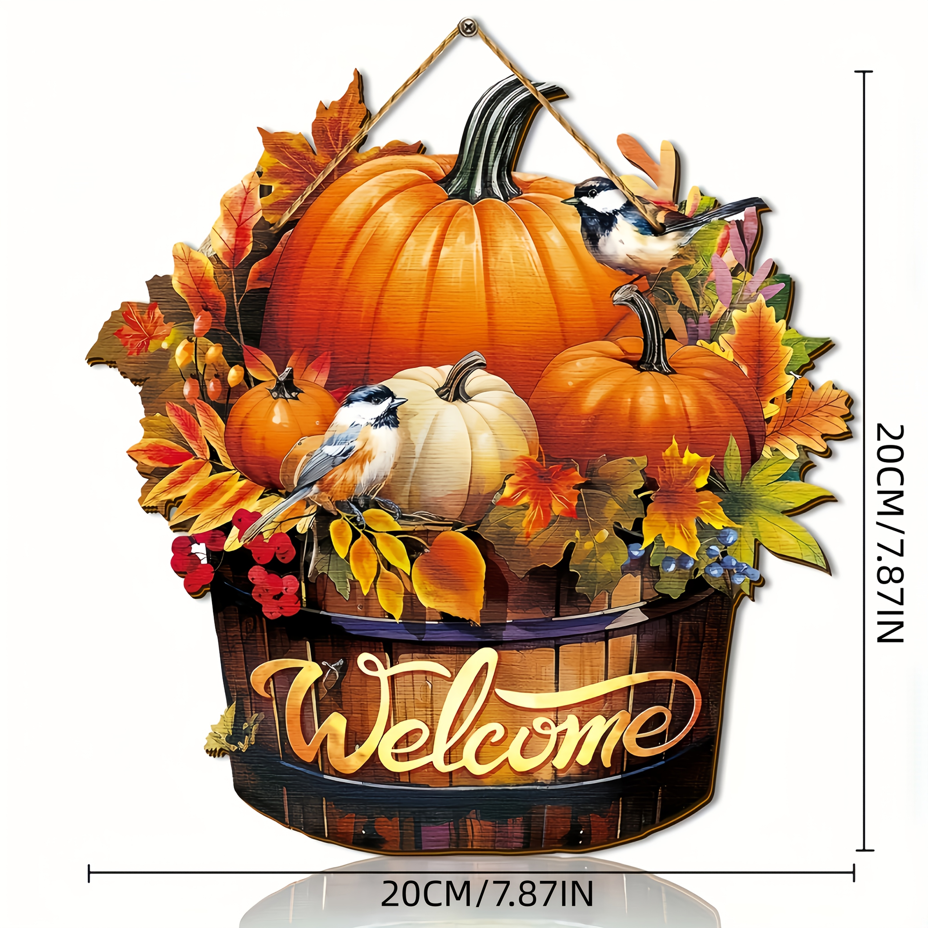 Image of 1pc Simple Wooden Welcome Fall Sign - Pumpkin Wreath With , , And Berries - Farmhouse Door Hanger, Suitable For Indoor/outdoor Thanksgiving Decor, Outdoor Fall Decoration
