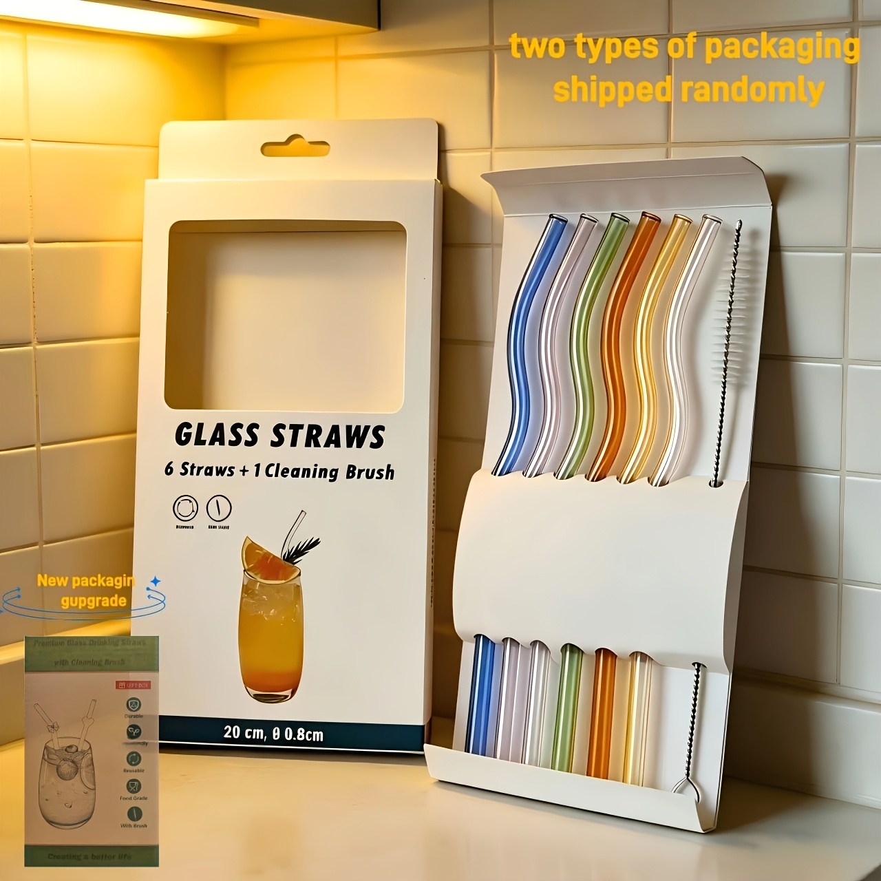 TEMU 6-pack Wavy Glass Straws, 7.87"*8mm Reusable Colorful/ Straws With 1 Cleaning Brush-perfect For Juice, Tea, Coffee, Cocktails, , Perfect