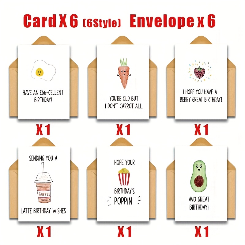 12pcs Humorous Food Illustration Birthday Cards With Envelopes, Full Of Puns, Watercolor Design, Paper Material, Upright Style, No Power Required, Bulk Set For