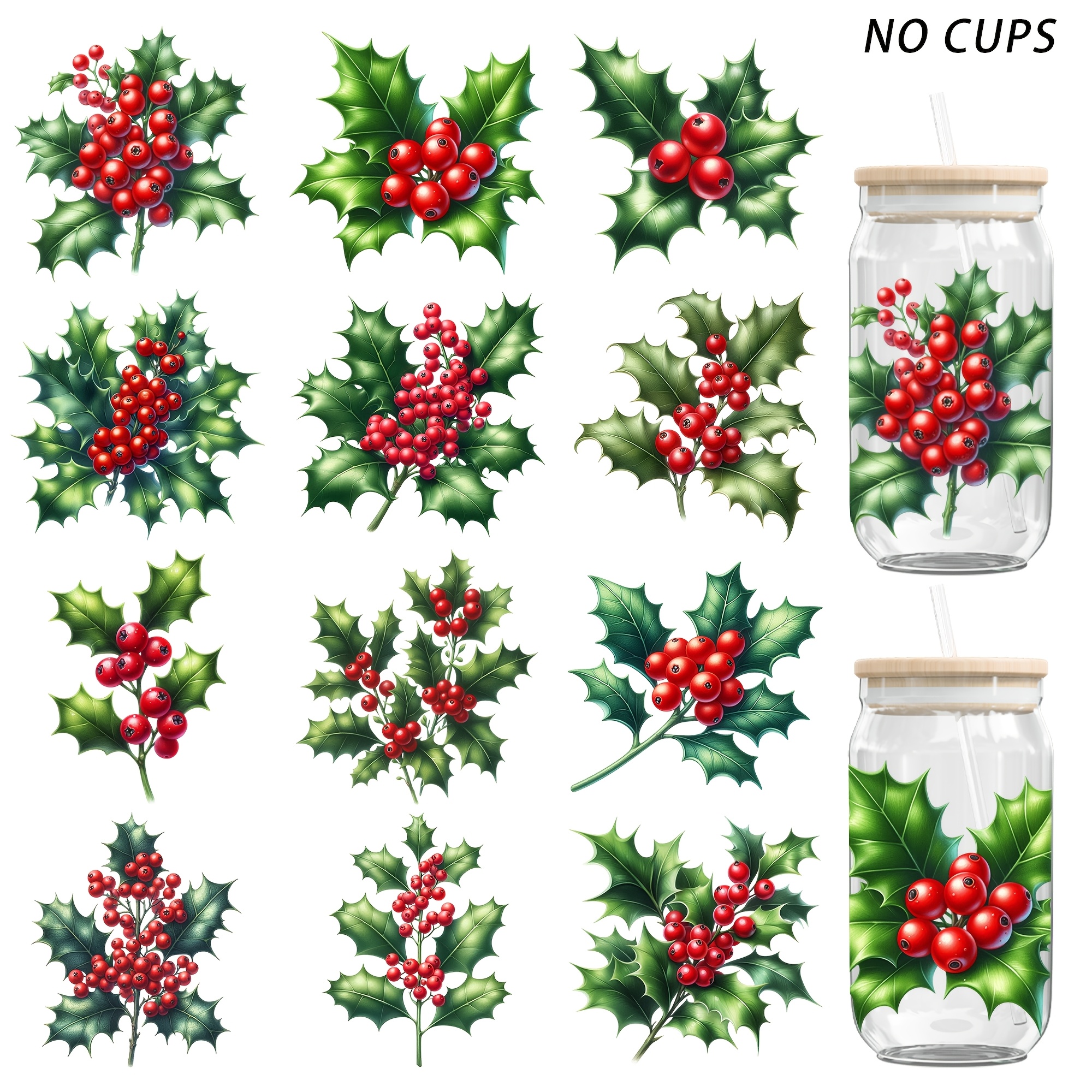 TEMU Uv Dtf Water Cup Transfer - 12pcs Watercolor Christmas Theme Waterproof 16oz Glass Jar Water Cup Home Mug Transfer Uv Dtf High Transfer Paper,