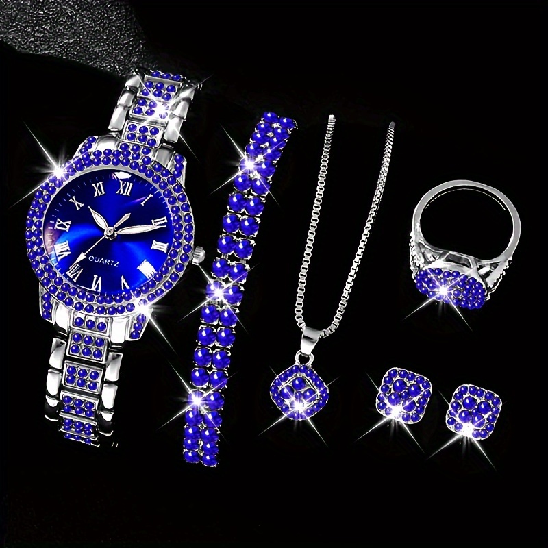 

6pcs/set Women's Watch Luxury Rhinestone Quartz Watch Rome Fashion Analog Wrist Watch & Jewelry Set, Gift For Mom Her