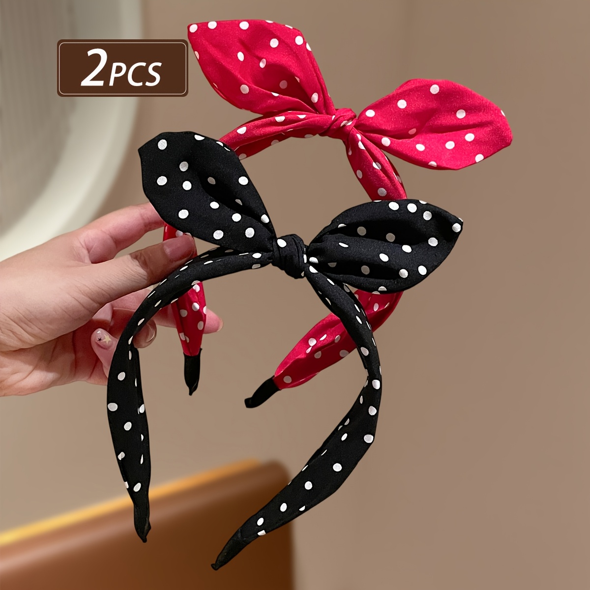 TEMU 2pcs Women's Vintage Bow Bunny Ear Headbands, Sweet Fabric Wide-brim Polka Dot Headbands For High Forehead, Versatile Accessories