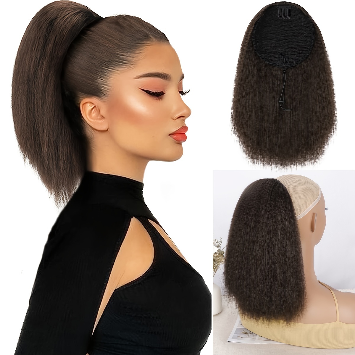 Drawstring Ponytails For Women Yaki Kinky Straight Ponytail Hair Extensions 12 Inch Short Ponytail Clip In Synthetic Ponytail Hairpiece Hair Accessories