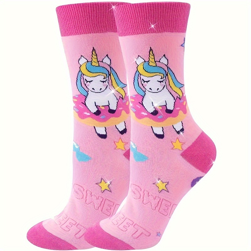 Image of 1/3 Pairs Of Autumn And Winter Christmas Pink Doughnut Unicorn Prints, Cute And Colorful Tube Socks.