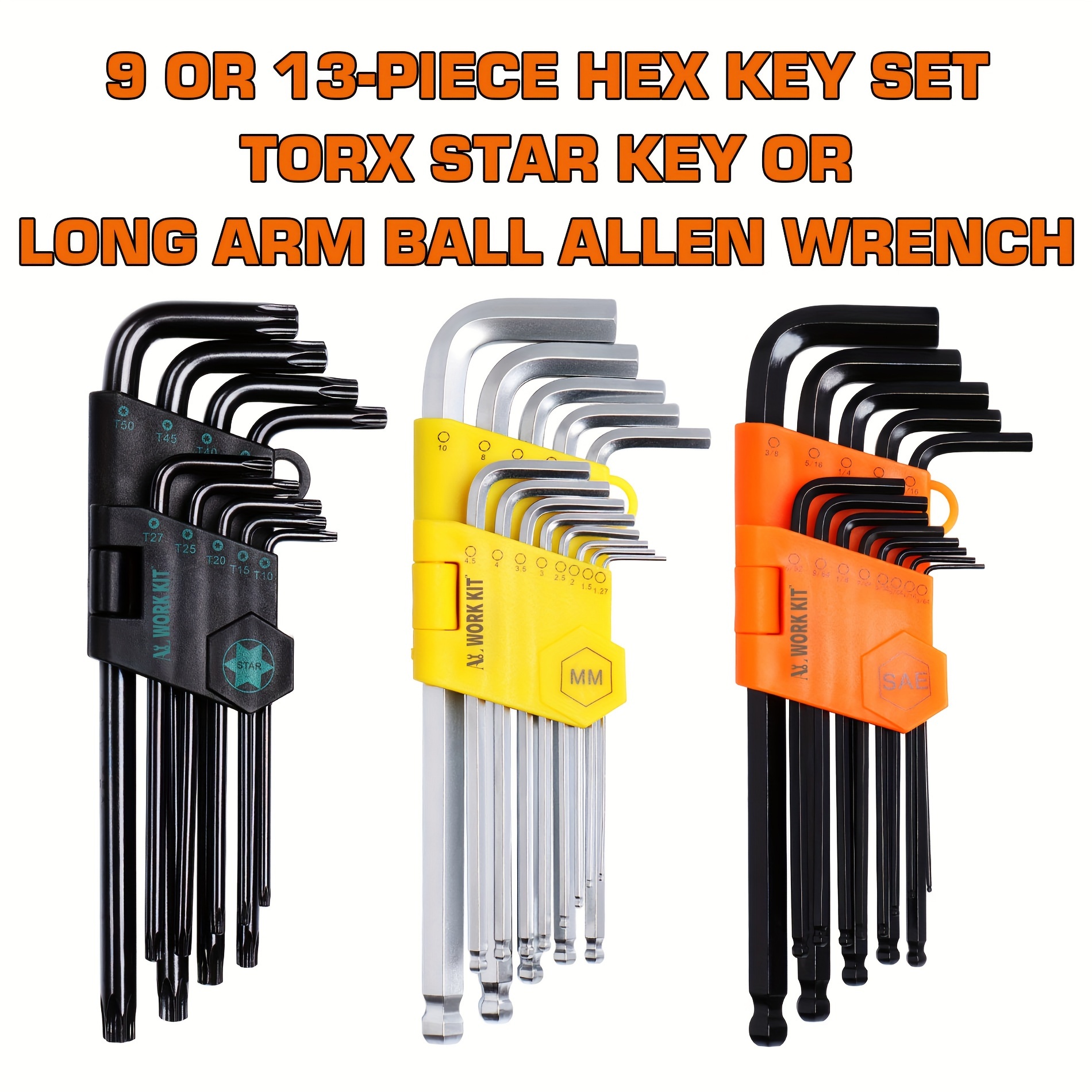 

9-piece/13-piece Long Arm Hex Key Set With Ball And Torx Star Keys, Changeover Handle, Sae/metric - Perfect For Diy Projects And Repairs