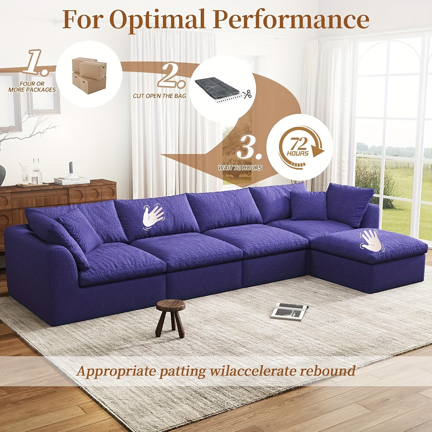 Modular Sectional Sofa with Movable Ottoman | No Assembly Required, Boneless Cloud Couch, Deep Seat L-Shaped, Suitable for Living Room, Bedroom, and Apartment