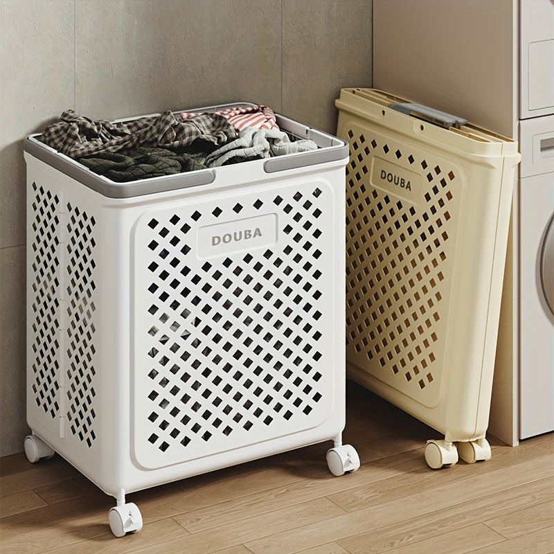 

1pc Large Foldable Wheeled Laundry Basket - Ceramic White, Versatile Clothing And Sundries Storage Basket For Bathroom, Balcony And Home Organizing