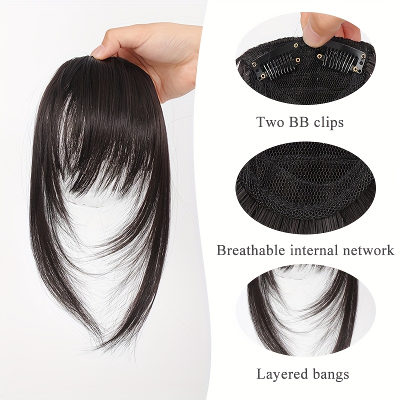 womens elegant straight synthetic hair extensions with layered bangs side   bangs natural looking hairpiece for versatile styling       stylish hairpiece secure clip attachment details 2