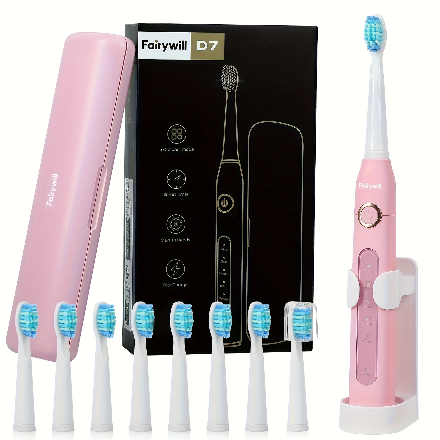 Fairywill Electric Toothbrush Usb Rechargeable Couple Rechargeable Intelligent Timer 8 Replaceable Toothbrush Heads Withtoothbrush Base Portable Case For Christmas Gifts