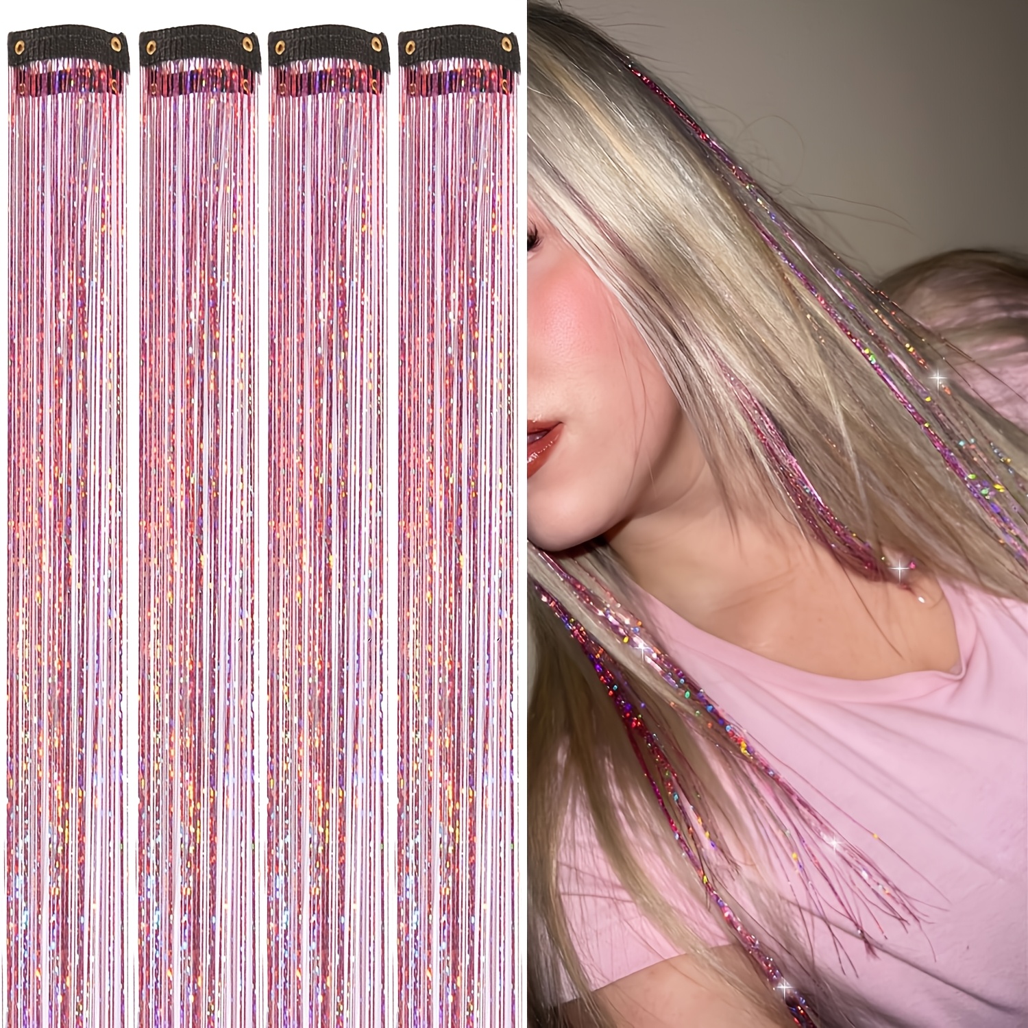 Image of 4-pack Hair Tinsel Clip-in Extensions | 24-inch High Temperature Fiber, Heat Resistant, Shiny Sparkly For Straight Hair