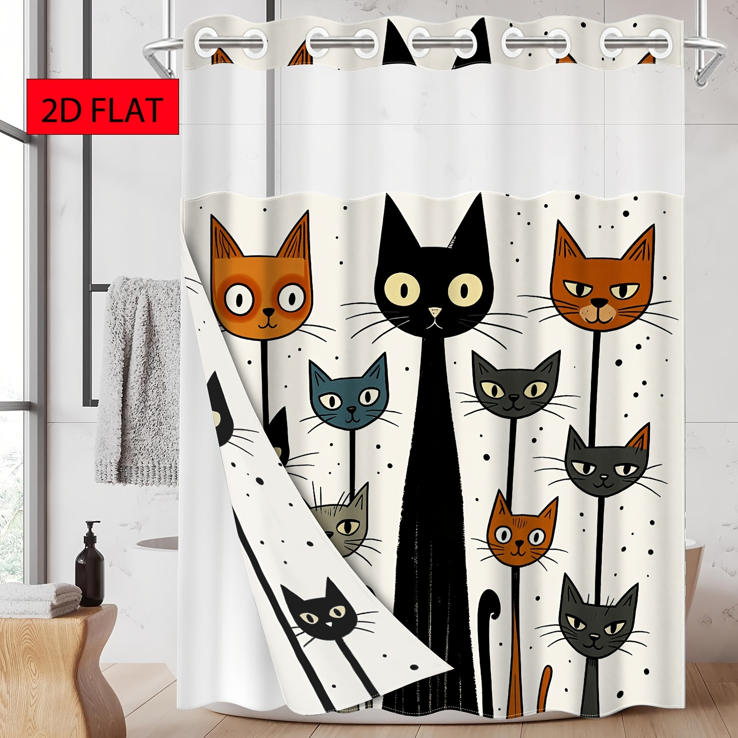 1pc no hook shower curtain with   liner abstract tall cat cartoon seamless pattern fabric inner liner washable suitable for bathroom bathtub decoration   and other occasions