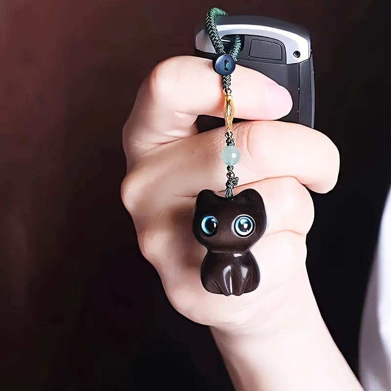 1pc Of Adorable Little Black Cat Wood Carving Pendant, Hand-carved, Suitable For Bag Ornaments, Phone Charms, Car Key Accessories, And Gifts