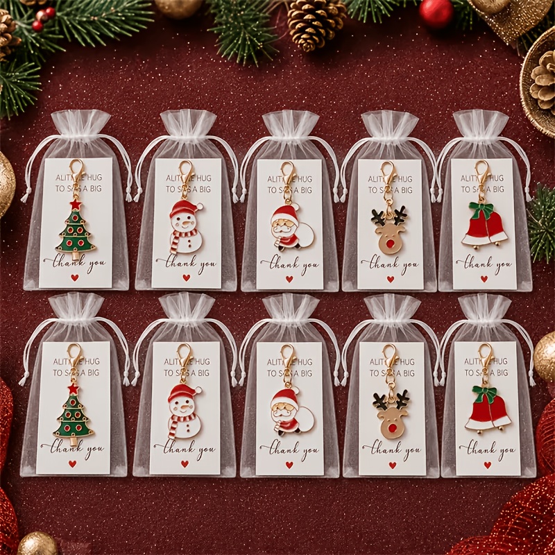 TEMU 30pcs/10sets (10 Keychains/10 Card Papers/10 Mesh Bags) Assorted Christmas-themed Keychain Set, Featuring Snowman, Christmas Tree, Santa Claus,