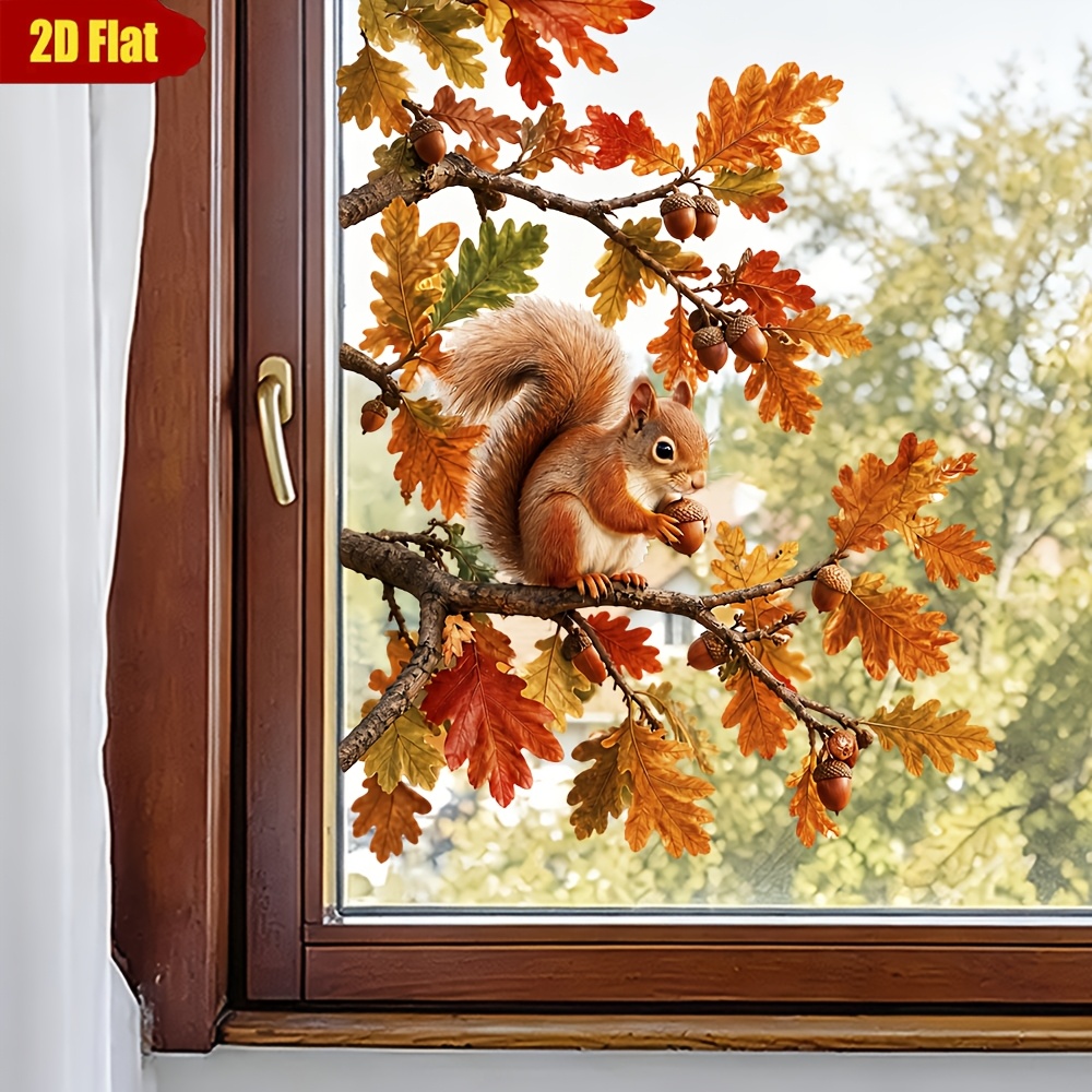 TEMU 1 stuk schattige eekhoorn herfsttafereel glassticker, kleurrijk esdoornblad eikel tak , raamsticker voor thuis met Thanksgiving-scène decoratie