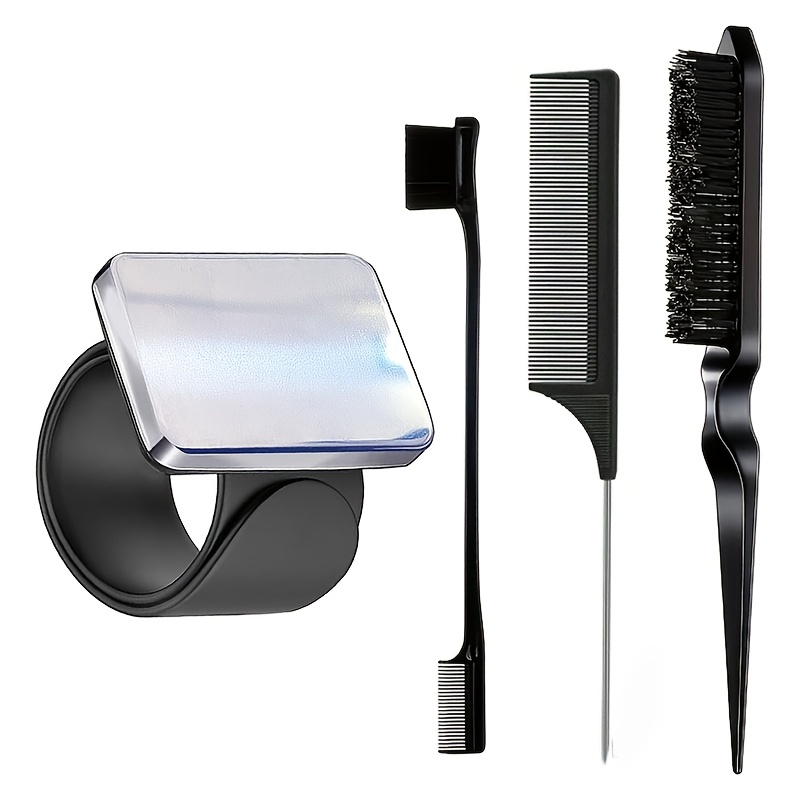 TEMU 4pcs Hikeiyu Magnetic Wristband Braiding Tool With Edging Brush, Teasing Brush & Rat Tail Comb Suitable For Hair Stylists, Braider Wristband For