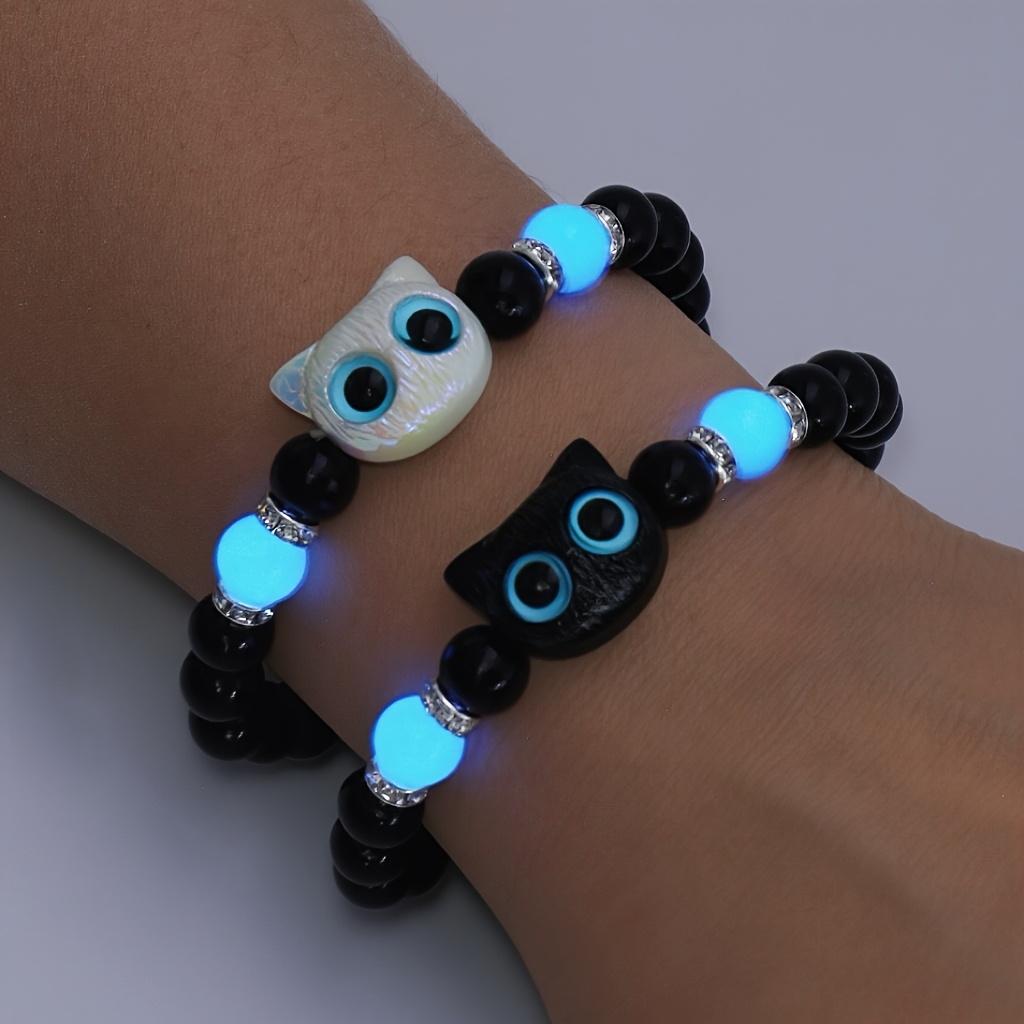 TEMU 2pcs Set, Adjustable , Glowing Black And White Cat Couple Bracelets Or Sister Set, Halloween Gift, Present