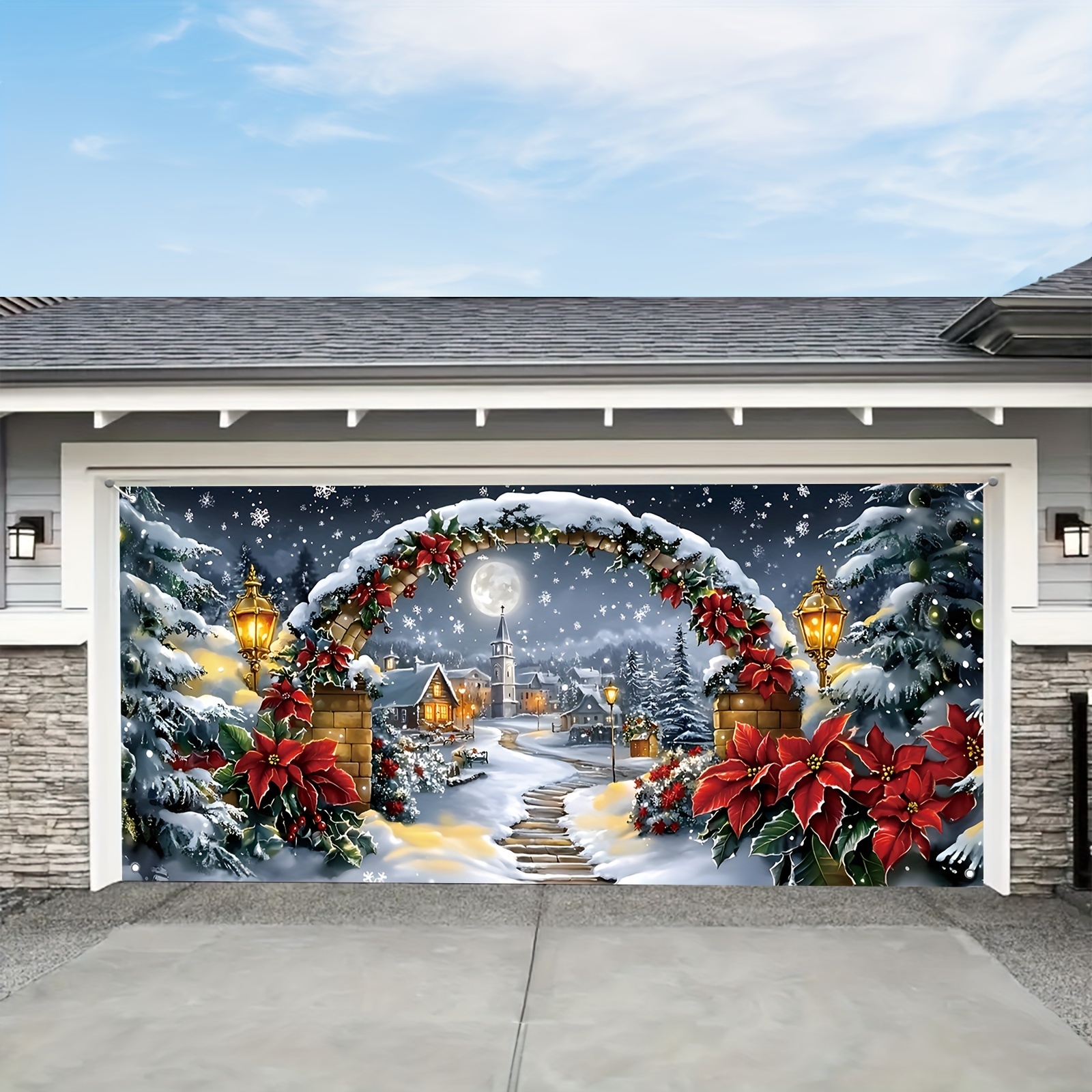 

Christmas Winter Scene Garage Door Banner - Poinsettia And Pine Design And Snowflakes - 100% Polyester Multipurpose Holiday Decoration, 71x157 Inches, For Home, Yard, And Party Decor