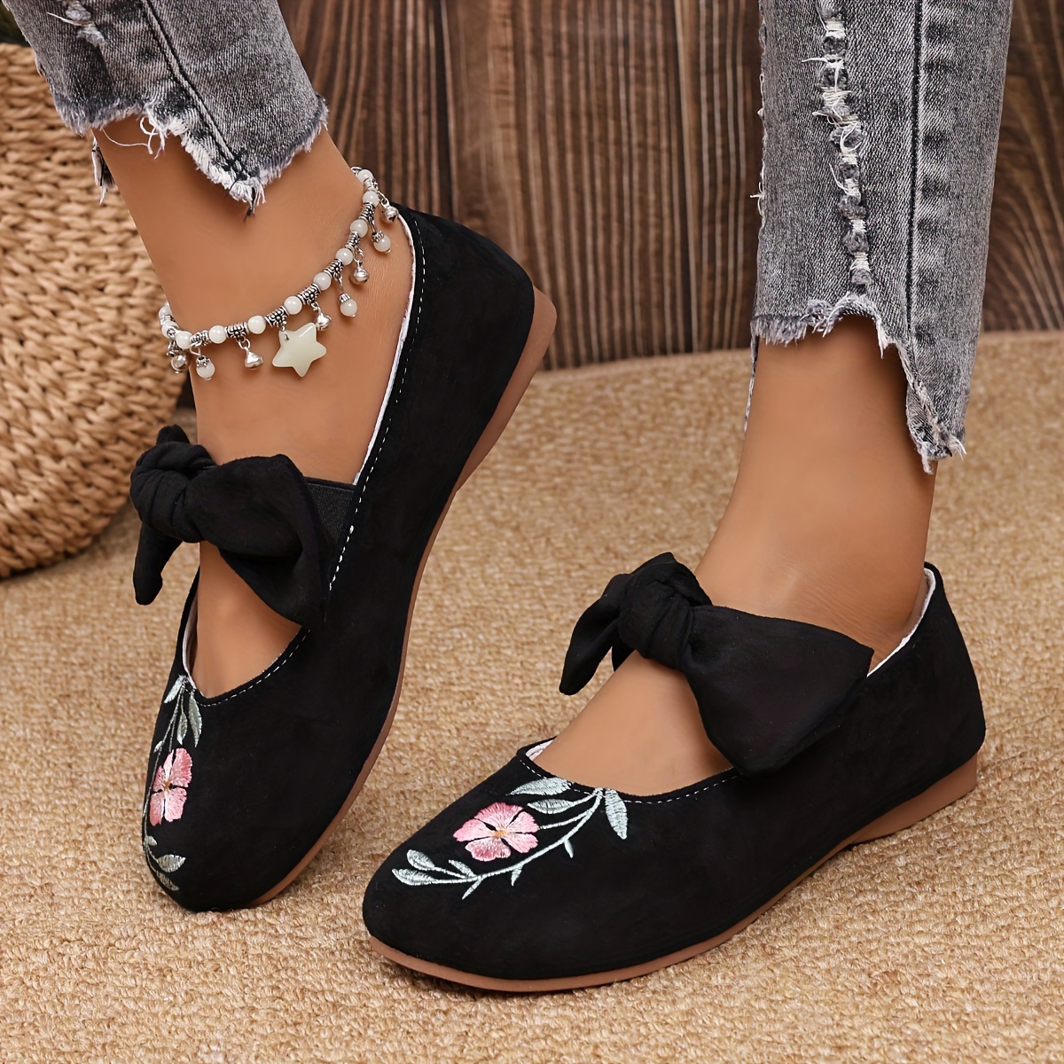 

Women's Fashionable Floral Embroidered Flats, Comfortable Soft Sole Slip-on Shoes With Bowknot Detail