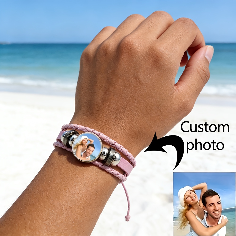 Photo Customization Pink Slide Bracelet, Vintage Glass PU Leather