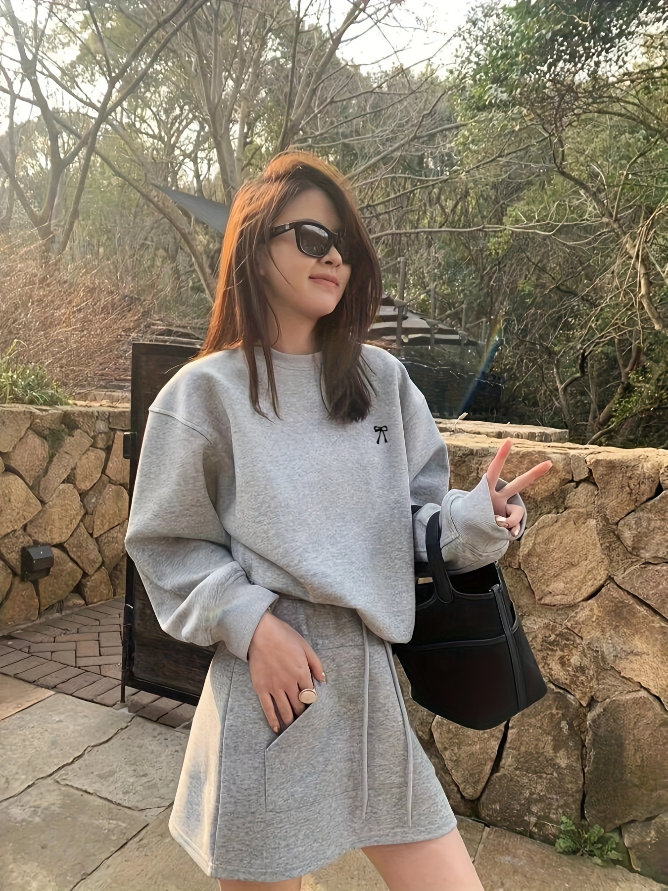 women's casual grey crew neck long sleeve sweatshirt Temu New