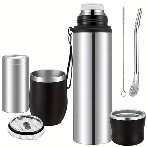 3pcs complete mate kit mate cup and bombilla set 12 oz gourd 34 oz stainless steel thermal water bottle bombilla and straw brush tea can gift for travel silver