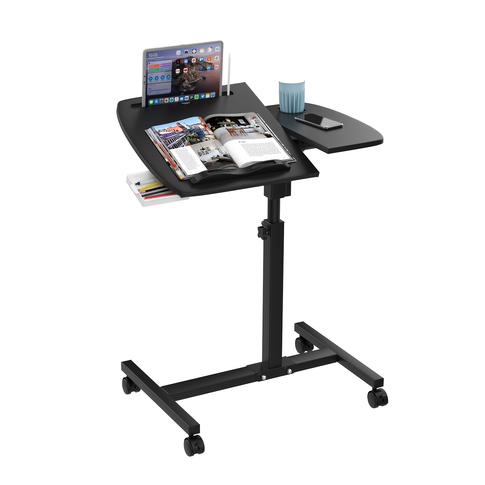 Image of Black Desk With Adjustable Height And Angle, With Casters, Computer Desk With Anti-slip Blocks, Laptop Stand, Small Drawer, Cup Holder, 60x40x59-89cm, Mobile Laptop Desk