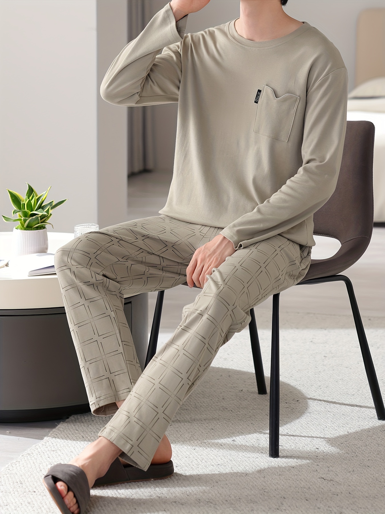 1set Men'S Casual Cotton Pajama Set, Long Sleeve Round Neck Sleepwear with Pockets, Loose Fit Knitted Pullover for Spring/Autumn - Comfortable Thin Cotton Outfit