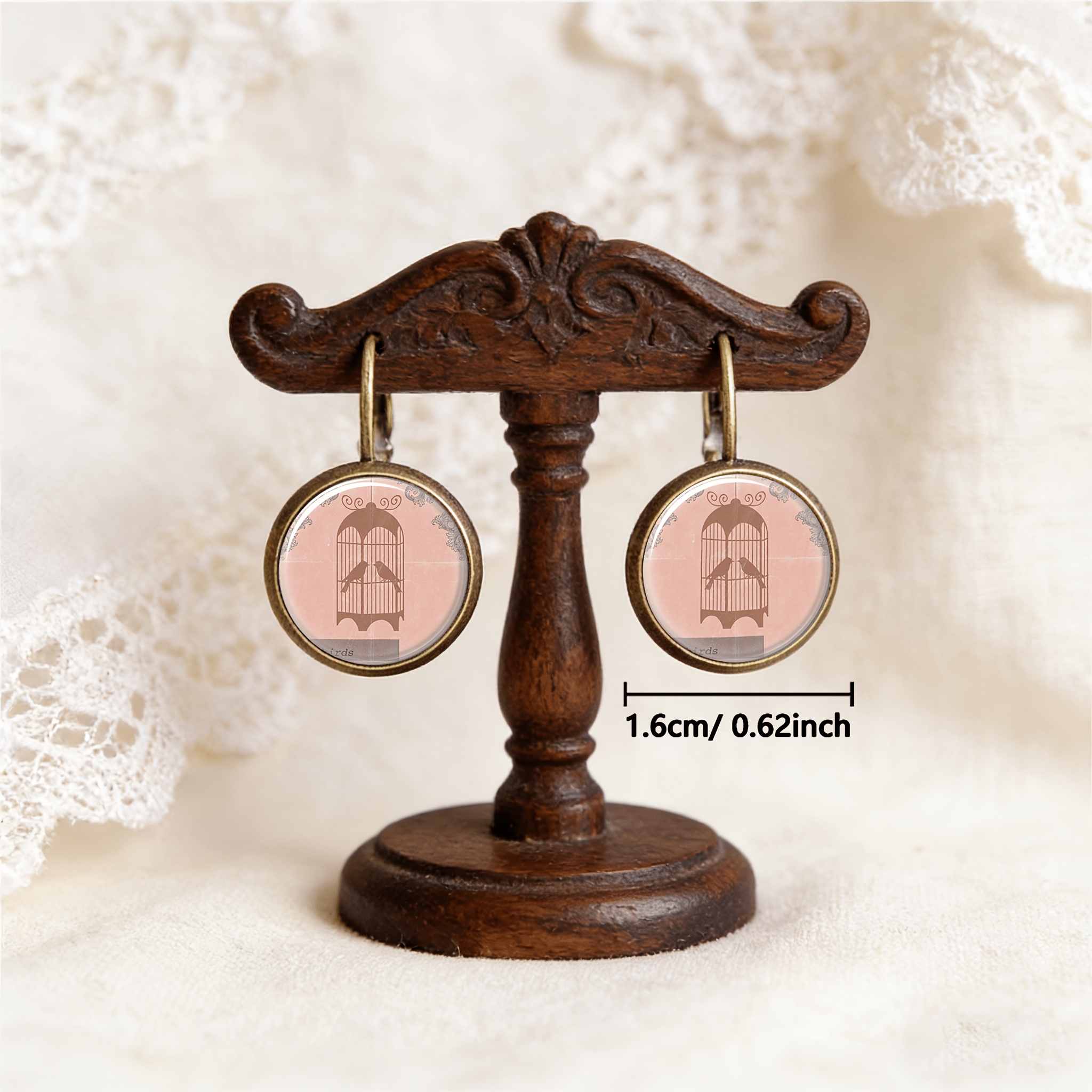2pcs Cyan Round Classical Earrings with Twin Birds in Cage Design