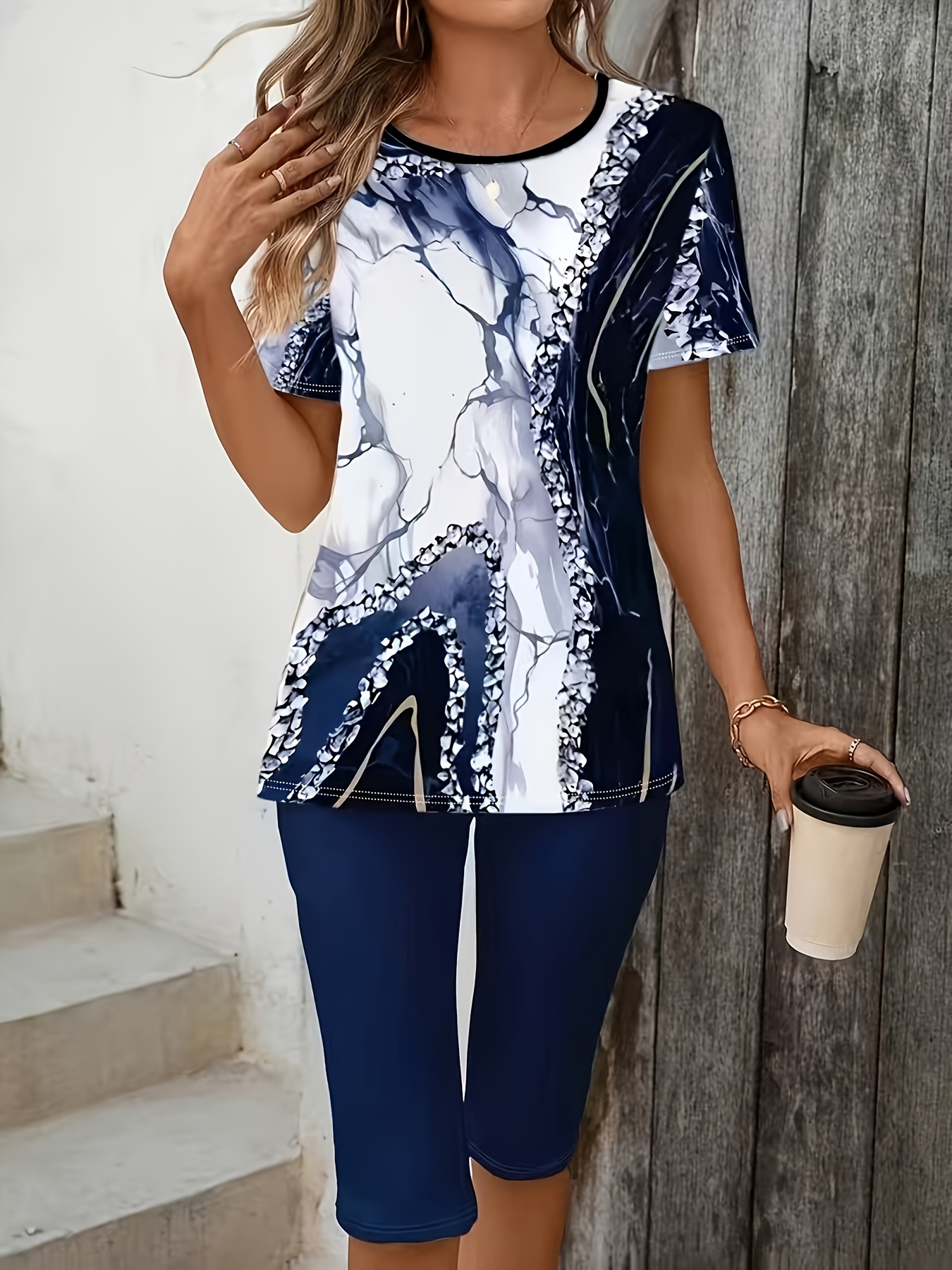 womens fashion marble print round neck short sleeve t shirt and leggings set  