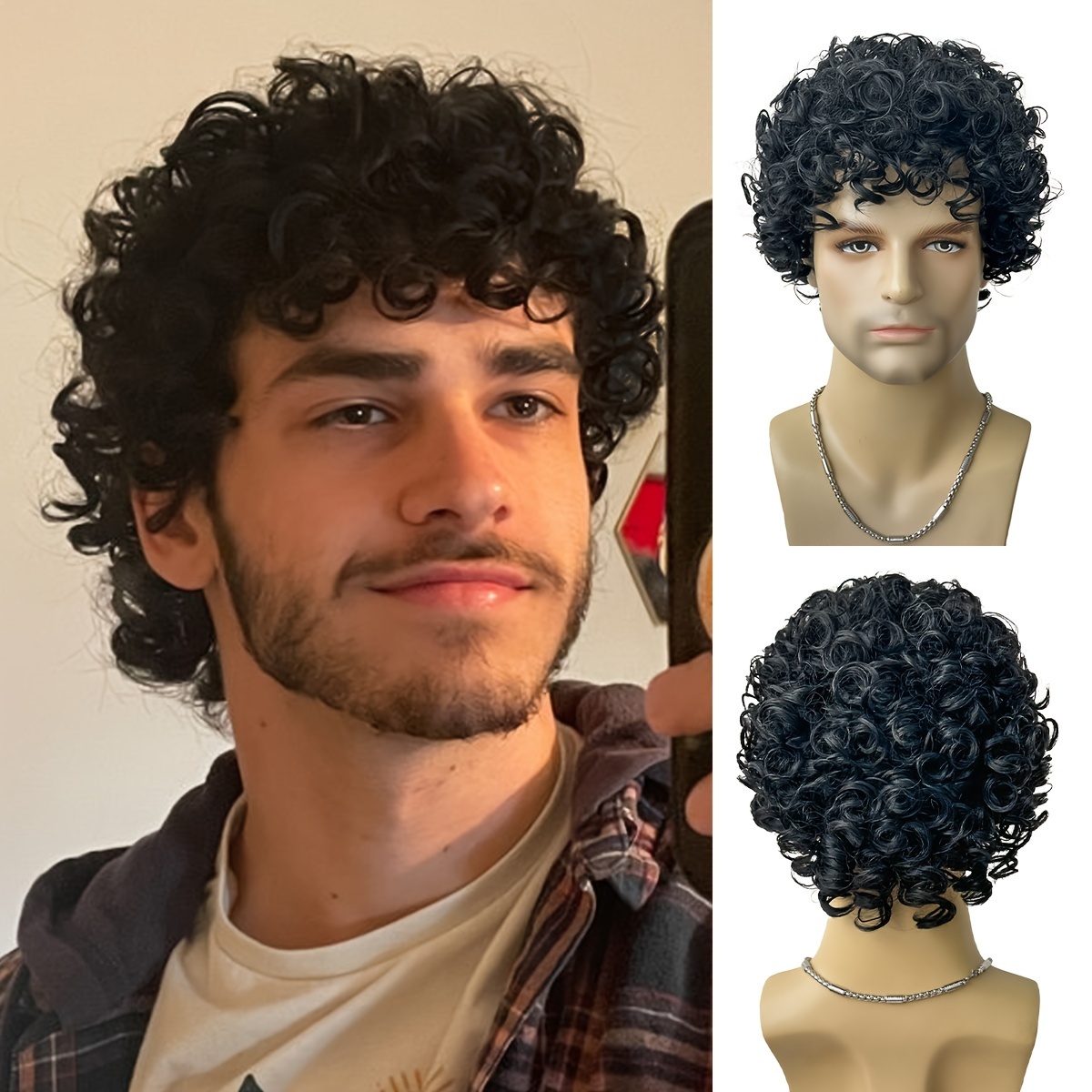 

Stylish Men's Curly Short Wig - 130% Density, Heat Resistant Synthetic Hair, Black For & Halloween Parties