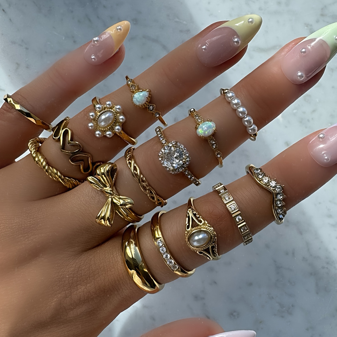 

15-piece Vintage Elegant Stacking Rings Set - Alloy With Rhinestone And Imitation Pearl Accents, Heart & Bowknot Designs, Geometric & Twist Patterns, Versatile For Daily Wear