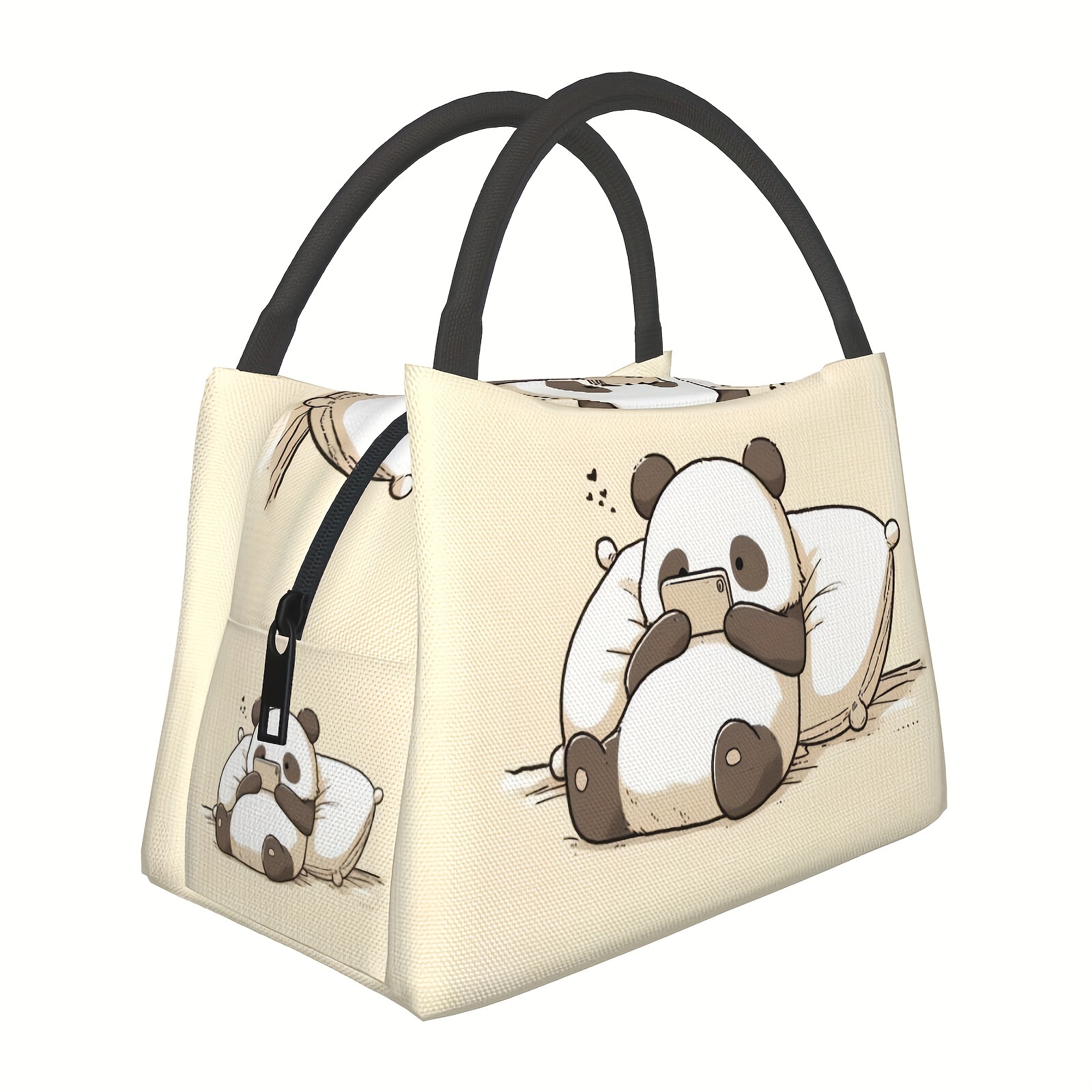 

Reusable Panda Print Polyester Lunch Bag For Men And Women - Hand Washable Insulated Cooler Tote For Work, Picnics, And Outdoor Activities, Animal Themed Rectangle Lunch Box With Special Features