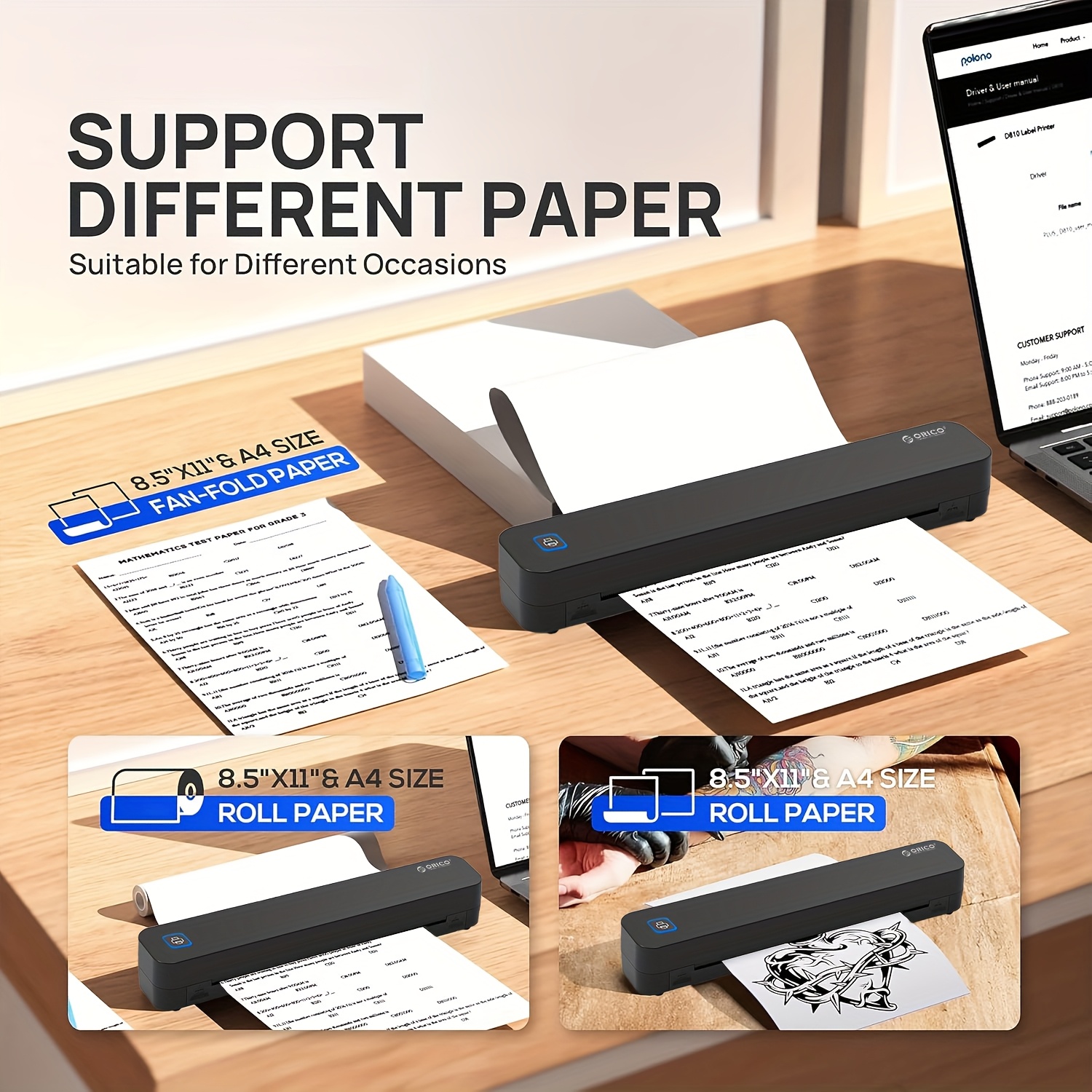 ORICO Mini Portable A4 Thermal Printer, Wireless Printing, No Ink Required, Compatible with Android and iOS Systems, Supports Up to 216mm Wide Thermal Paper, Suitable for Office, Home, School Use, Convenient for Outdoor Carrying