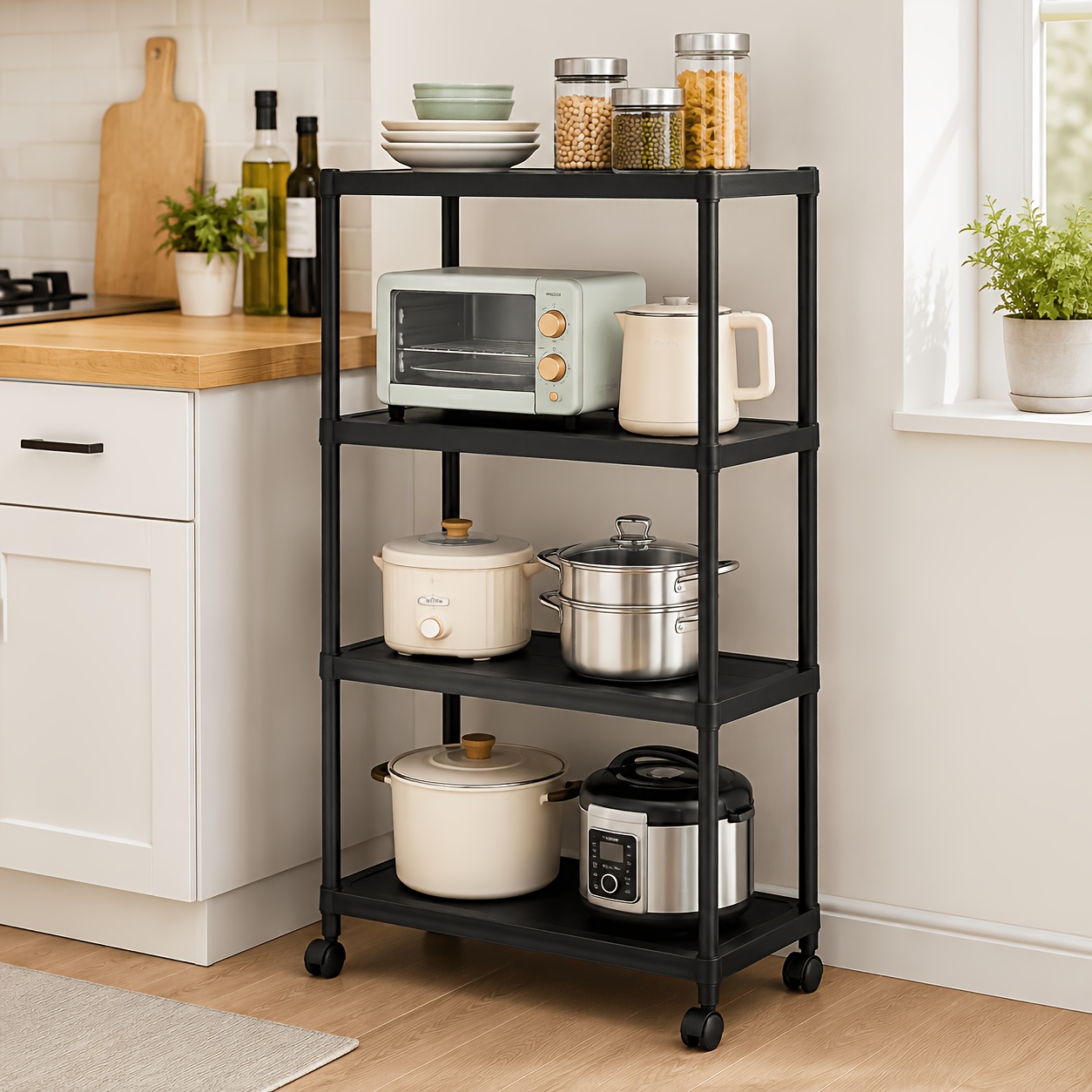 TEMU 2/3/4/5-tier Thickened Pp Plastic Reinforced Storage Rack With 4 Wheels, 35cm Height Increase Heavy-duty Upright Shelf, 50 X 33cm Stable Large
