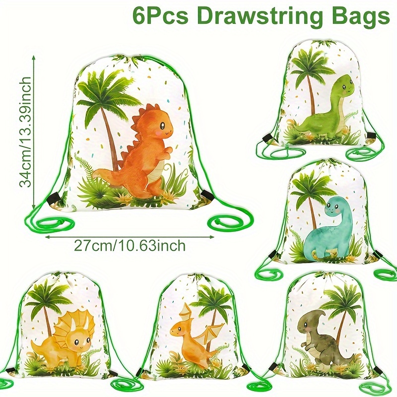 TEMU Gift For Her/him 6pcs, Green Leaf Dinosaur Gift Drawstring Bag, Dino Theme Party Gift Packaging Bags, Birthday Party Decoration, Baby Shower