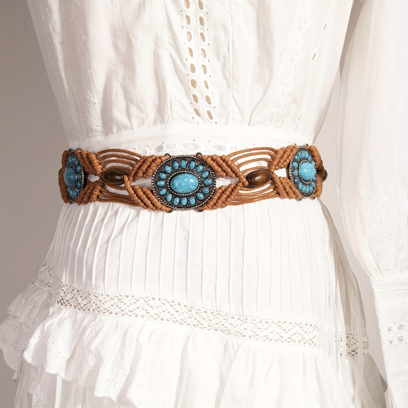 

Ethnic Style Waist Rope Bohemian Style Alloy Turquoise Resin Beads Braided Knotted Women's Waist Rope Retro Decorative Dress Women's Belt