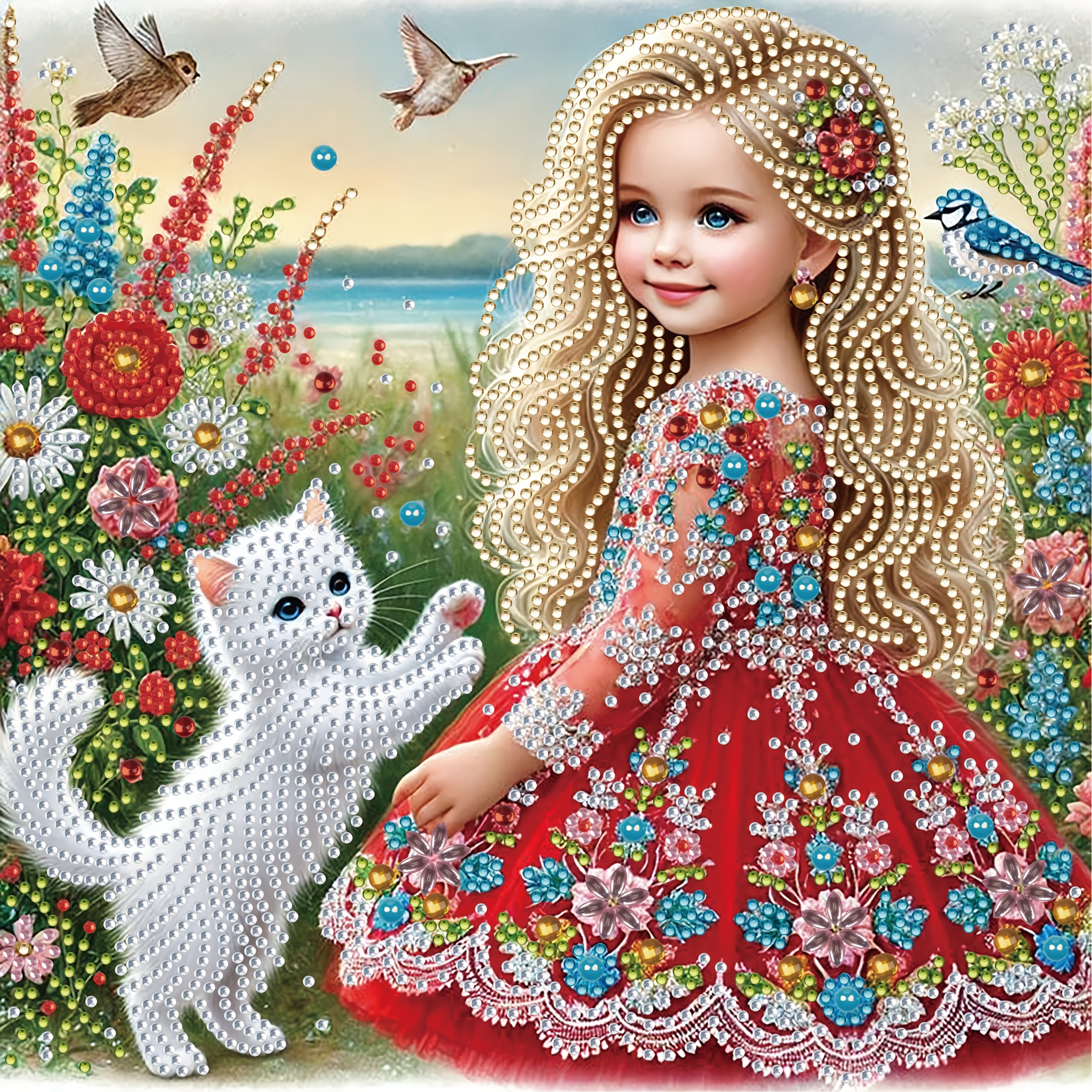 Image of (30cm/11.8in X 30cm/11.8in) Cartoon Girl And Cat Diamond Painting, Irregular Diamond Inlay, Diy Handmade, Creative Gift, High-end Production.