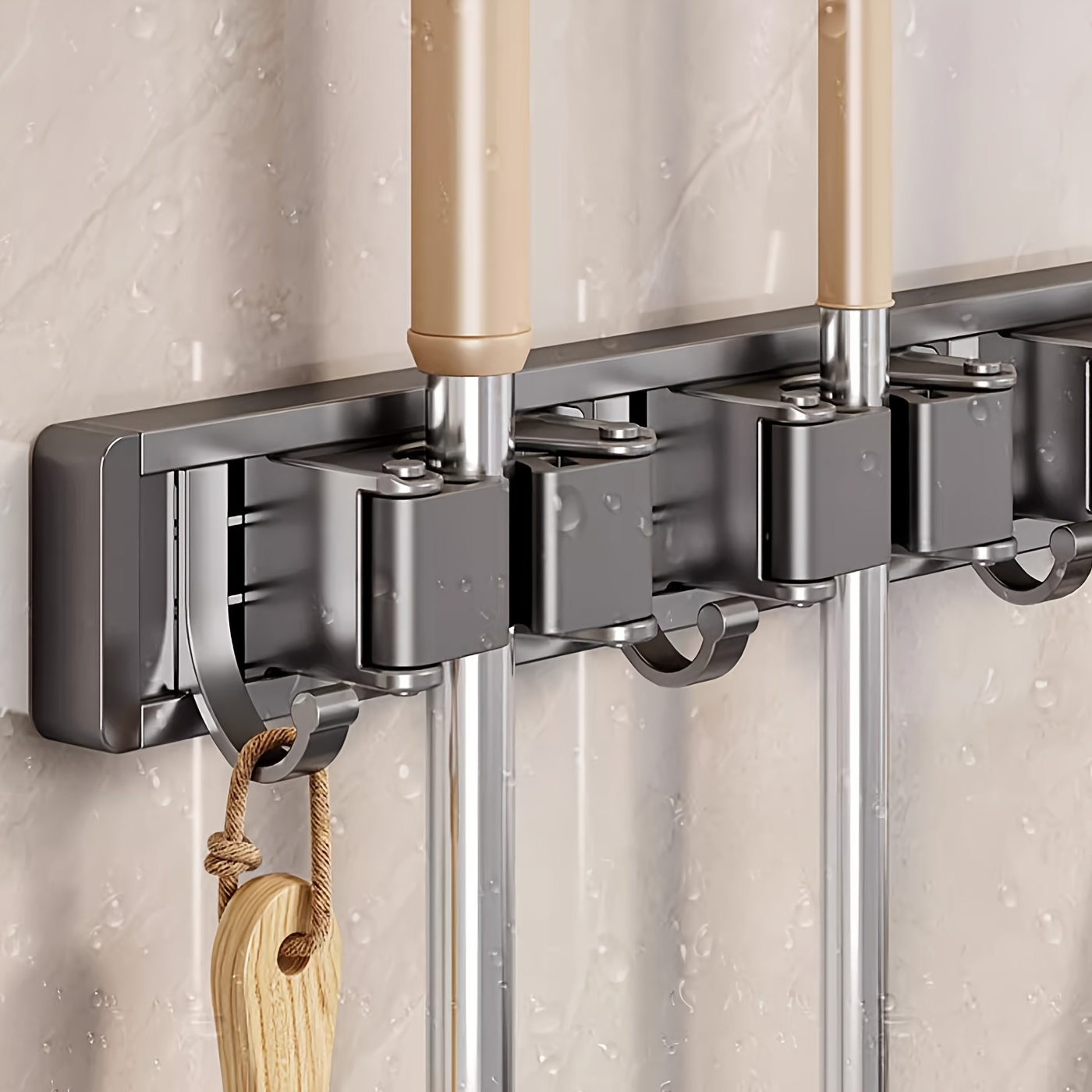 1pc Bathroom Storage Rack Metal Mop & Broom Holder with Adjustable Hooks, Wall-Mounted Storage Organizer for Home, Kitchen, Garden, Laundry, Garage - Lacquered Finish, Space-Saving Shelf for Mops, Brooms, Tools, Shelves