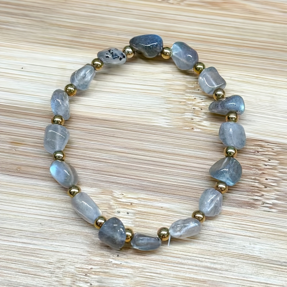 TEMU 1pc Natural Labradorite Beaded Bracelet With 14k Gold Plated Beads - Handmade Boho / Birthstone Jewelry Suitable For Women, Stretchable Stone