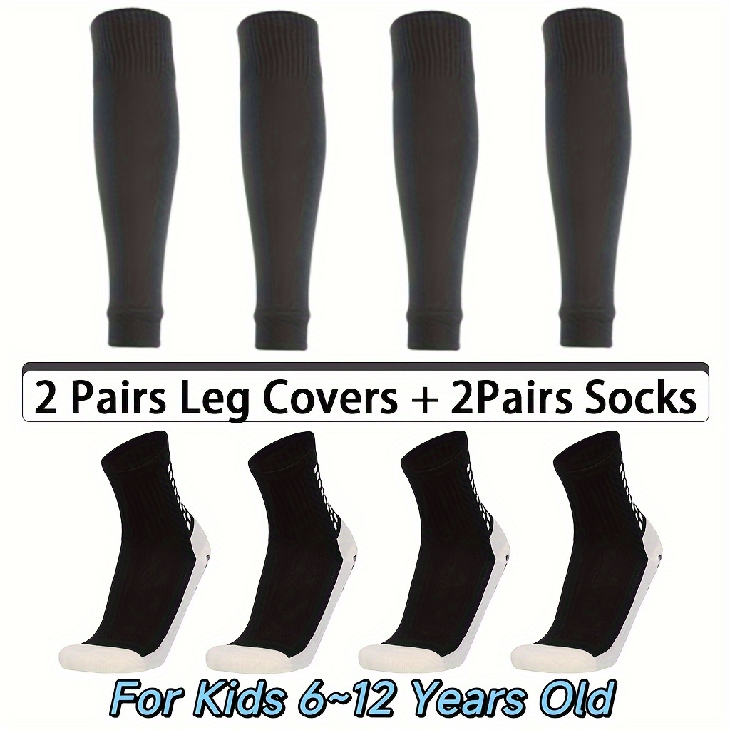 Image of 4 Pairs Of Breathable Leg Covers & Non-slip Football Socks Set, Professional Towel Bottom Mid-calf Socks & Leg Sleeves For Kids, Sports Socks For