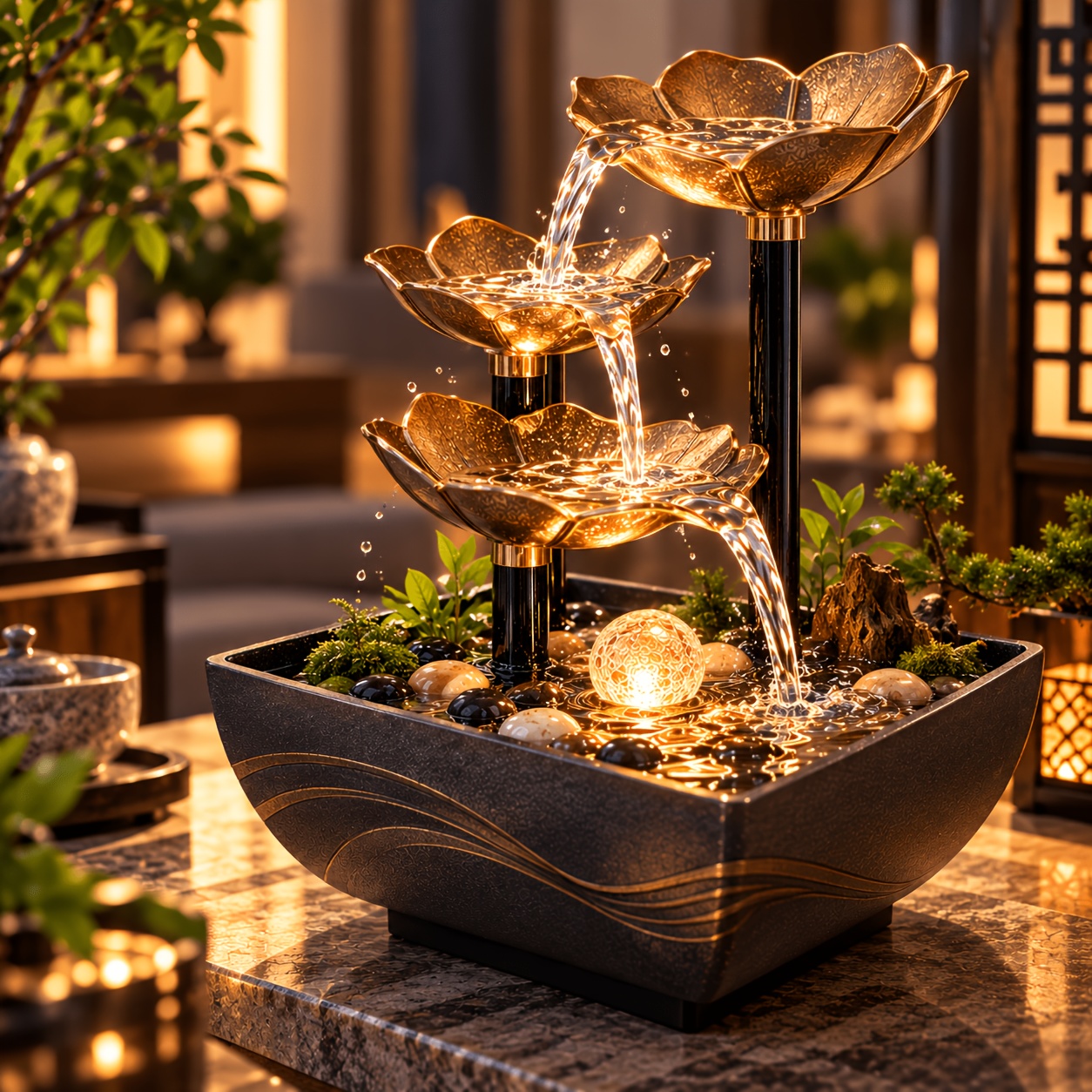 TEMU 3-tier Tabletop Fountain With Warm Led Light, Relaxing Indoor Cascading Waterfall With Continuous Water Flow, Zen Desktop Water Feature For