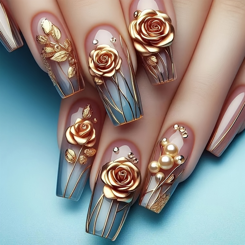 

Ensemble de 24 clous à presser, de ballet longue, bleue dégradée avec un design en relief doré 3D de rose, motif floral , de la gelée de colle et à ongles