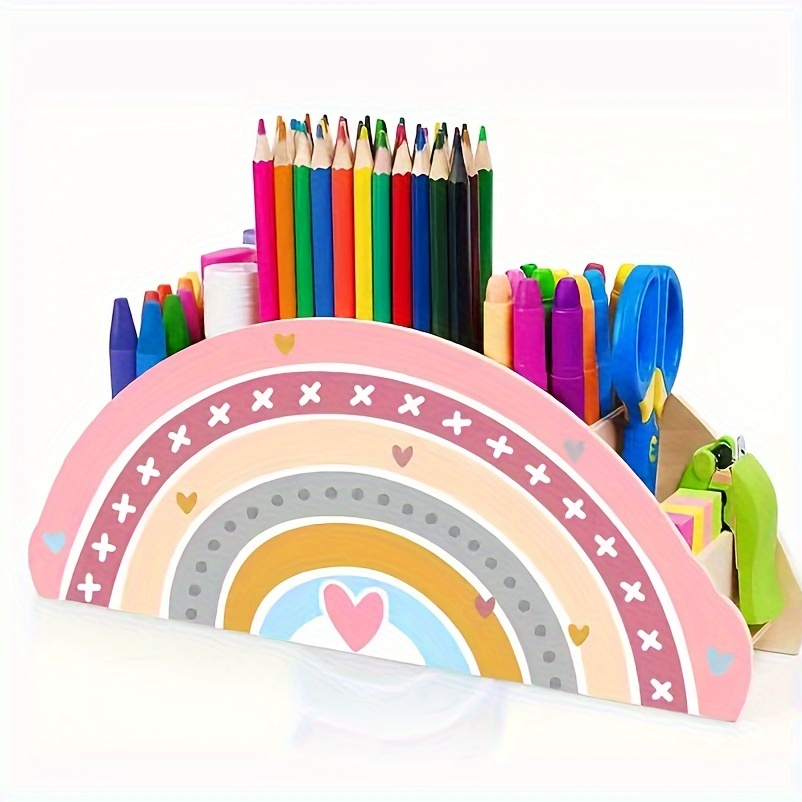 

1pc Porte-crayon arc-en-ciel en bois - Organiseur de bureau peint, pot à fournitures de bureau et support de téléphone, rangement de salle de classe pour stylos, pinceaux, enfants et femmes