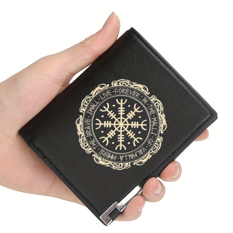 

1pc Classic Viking Symbol Compass Design Cover Printing Pu Leather Wallet, Men's Billfold Slim Credit Card Holders Short Purses For Men