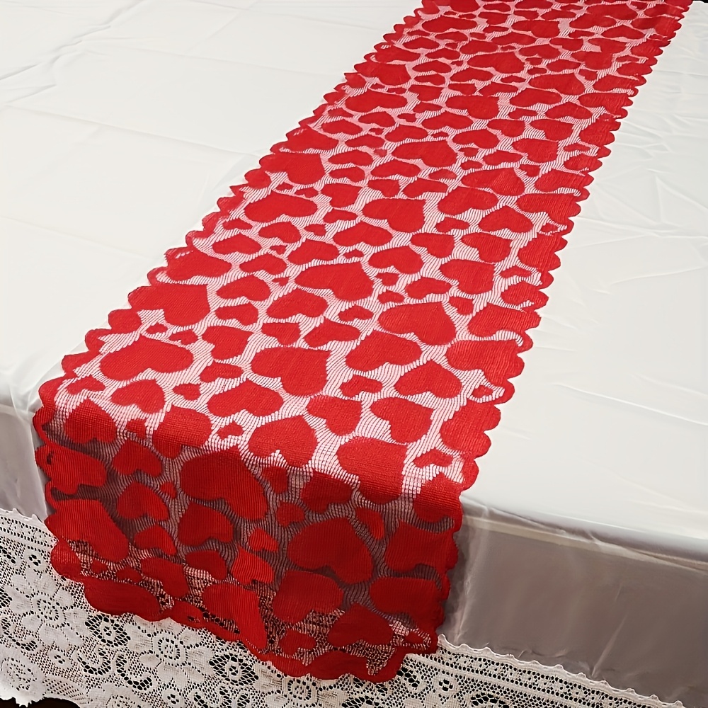 Image of 1 Valentine's Day Heart Table Runner Red Heart Lace Table Runner Home Dining Table Decoration Table Runner Valentine's Day Table Runner